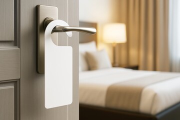 Blank white door hanger mockup on hotel room door handle in warm cozy bedroom interior with soft lighting and neutral decor for branding display. Ai generative