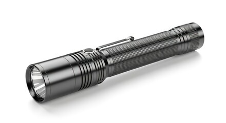 Sleek Black Metal Flashlight Isolated on White Background