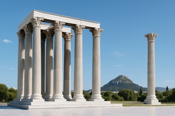 Ancient Greek style columns structure with Corinthian capitals in classical architecture concept under blue sky with mountain in background. Ai generative