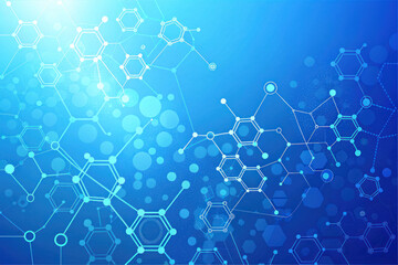 Abstract blue background with interconnected molecular structures and hexagonal shapes