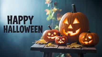 Halloween jack o lantern pumpkins with glowing faces on wooden table with autumn leaves and happy halloween text background