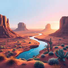 A vast fantasy landscape in the style of Monument Valley, with symbolic abstract farmland on the left, a shimmering mirror-like river in the center, and a joyful stylized garden on the right.