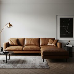 Modern living room interior design featuring a brown leather sectional sofa and minimalist decor creating a cozy and stylish atmosphere
