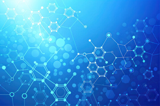 Abstract blue background with interconnected molecular structures and hexagonal shapes