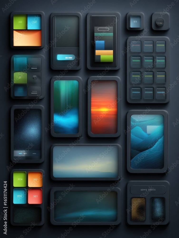 Poster display of various mobile phone screens showcasing different wallpapers and user interface designs i