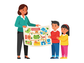 School Map with Students: An enthusiastic teacher holds a map showing a school with students. they are studying and learning in front of a map