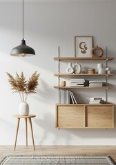 Modern Living Room Interior with Stylish Bookshelf and Decorative Elements showcasing minimalist design and warm color palette