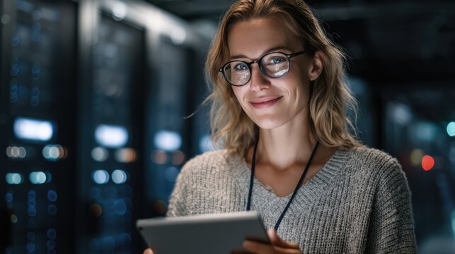 A young woman with glasses stands in a data center, holding a tablet and smiling. The environment features server racks and low lighting, indicating evening