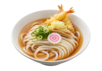 Delicious bowl of traditional Japanese udon noodle soup with tempura and toppings