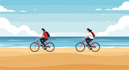 Obraz premium Two people riding bicycles on sandy beach by ocean