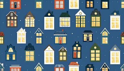 Cozy houses at night, pattern