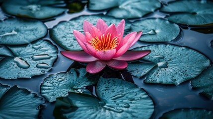 Pink lotus flower on dark water, surrounded by large leaves