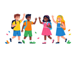 Welcoming young scholars: A vibrant tableau of diverse school children joyfully waving, their backpacks brimming with the promise of new lessons and adventures, radiating innocence and energy