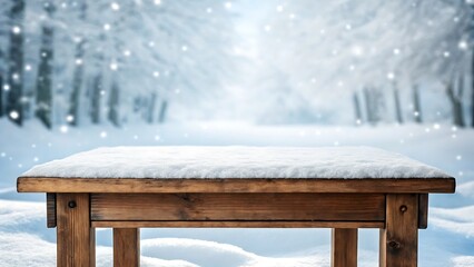 Wooden table fresh snow winter forest snow falling