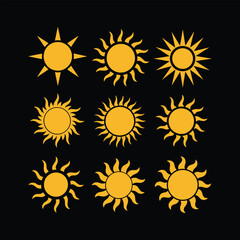 Bright golden sun icons with radiant beams decorative design On white Background Vector illustration
