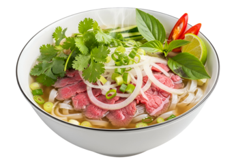 Delicious bowl of Vietnamese pho featuring tender sliced beef fresh herbs and vegetables