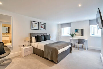 Modern luxury bedroom interior in minimal scandinavian style, 3d render