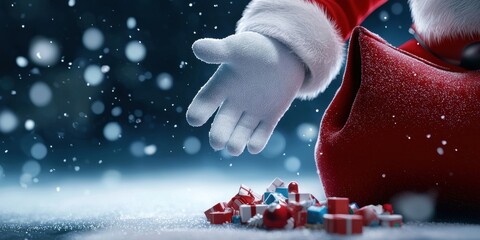 Santa's hand reaching for gifts in a snowy winter scene