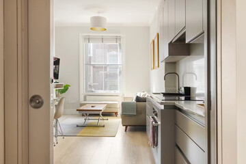 Modern luxury kitchen interior in minimal scandinavian style, 3d render