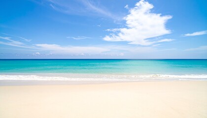 Fototapeta premium Beach, sand, water, turquoise, white, tropical, ocean, coastline, waves, sky, sunny, horizon, vacation, paradise, tranquil, serene, relaxing, summer, nature, seascape, travel, exotic, clear, scenic, s