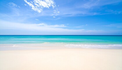 Obraz premium Beach, sand, water, turquoise, white, tropical, ocean, coastline, waves, sky, sunny, horizon, vacation, paradise, tranquil, serene, relaxing, summer, nature, seascape, travel, exotic, clear, scenic, s