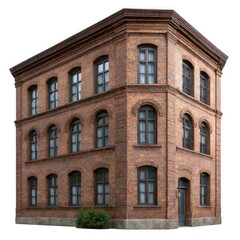 Obraz premium Old brick corner building with many windows isolated on transparent background