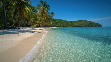 Naklejka premium Pristine beach fringed by lush tropical palms under a brilliant blue sky. Clear turquoise water gently laps the shore