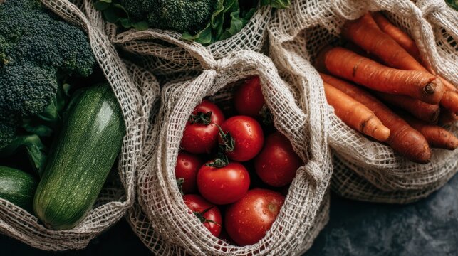 Colorful vegetables are arranged neatly in reusable bags on a dark surface. The selection includes tomatoes, carrots, zucchini, and broccoli, promoting healthy eating and sustainability