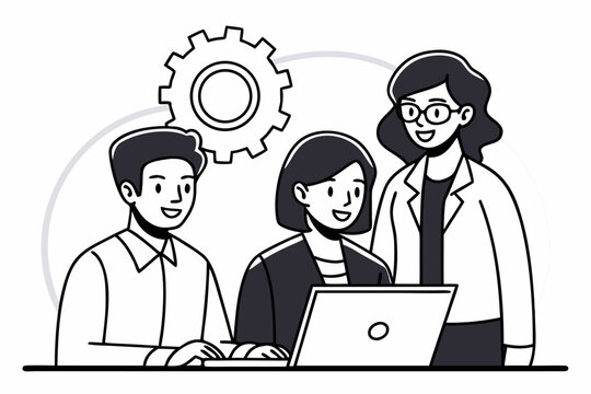 Minimal vector illustration of diverse business teamwork collaboration, modern corporate group strategy concept, leadership success and professional workplace communication.