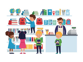 School Supplies: A vibrant illustration of children and an assistant in a bookstore, surrounded by shelves filled with books, school supplies, and backpacks.