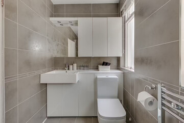 Modern bathroom interior in minimal scandinavian style, 3d render