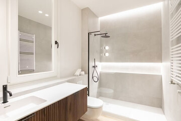 Modern bathroom interior in minimal scandinavian style, 3d render