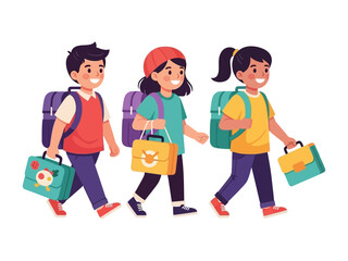 Ready for School: Three young students, each with a backpack and carrying a lunchbox, stride with joy towards their educational journey.