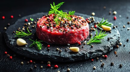 Raw beef patty, seasoned and garnished, on dark stone plate