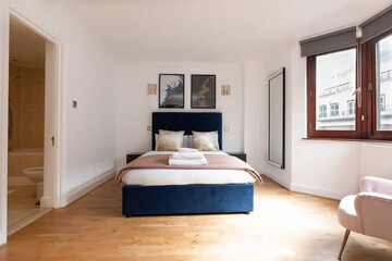 Modern luxury bedroom interior in minimal scandinavian style, 3d render