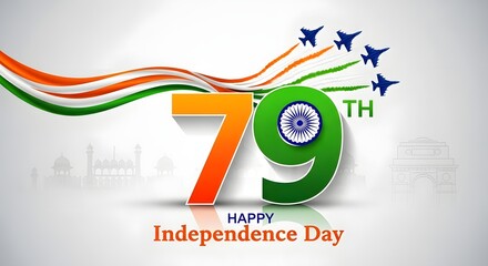 Obraz premium Happy 79th independence day india with tricolor ribbon and fighter jets flying, national celebration with cityscape silhouette