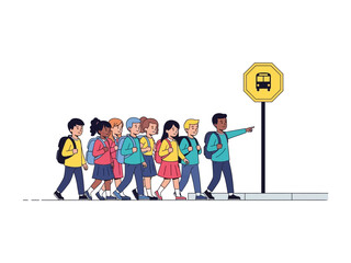School Children at the Bus Stop: A group of diverse children with backpacks, gathered at a bus stop. This illustration captures their anticipation for the school bus.
