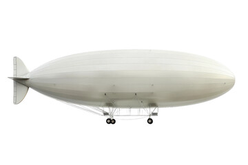 Large commercial blimp flying left isolated on grey background.