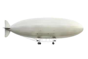 Large commercial blimp flying left isolated on grey background.