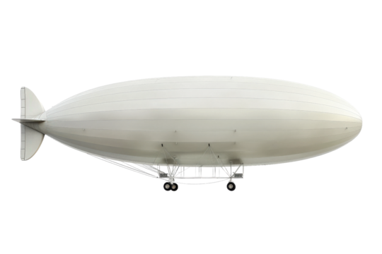 Large commercial blimp flying left isolated on grey background.