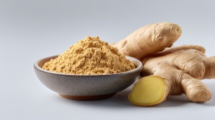 Ginger powder rests in a dark bowl beside fresh ginger roots on a light background showcasing its vibrant color and texture, perfect for cooking and remedies