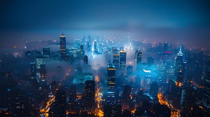 Fototapeta premium Misty Night Cityscape Aerial View Blue Glow