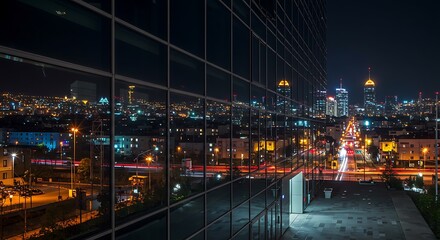 Cityscape Night View Illuminated Urban Panorama Reflecting Modern Architecture.