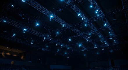 Obraz premium Illuminated Venue Ceiling: Dramatic overhead view of a venue ceiling covered in countless glowing lights, creates a mesmerizing display, exuding energy.
