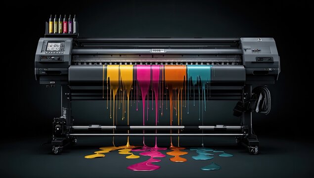 Industrial-grade large format printer with vibrant color ink dripping