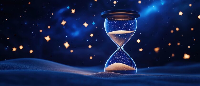 Mystical hourglass glowing in a starry night landscape