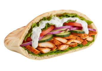 Delicious grilled chicken shawarma in pita bread with fresh vegetables and creamy sauce
