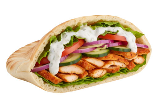 Delicious grilled chicken shawarma in pita bread with fresh vegetables and creamy sauce