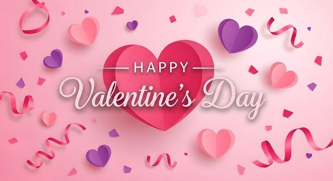 Happy valentines day greeting card featuring a large pink heart with text, surrounded by smaller pink and purple hearts, ribbons, and confetti on a pink background - Powered by Adobe