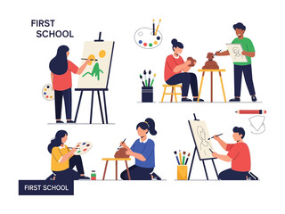 School Art Studio: A colorful illustration of a creative art studio environment, where students engage in painting and sculpting. Depicting artistic inspiration and education.